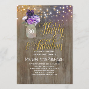30 Rustic Birthday - Purple Flowers Mason Jar Gold Invitation