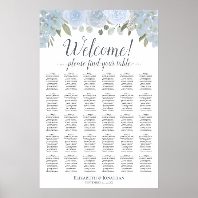30 Table Dusty Blue Roses Boho Seating Chart (Front)