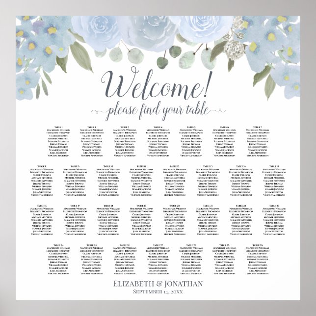 30 Table Dusty Blue Roses Boho Seating Chart (Front)