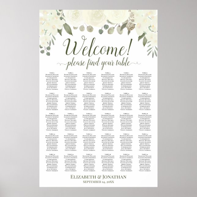 30 Table Ivory White Roses Wedding Seating Chart (Front)