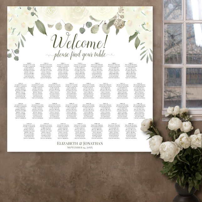 30 Table Ivory White Roses Wedding Seating Chart (In Situ on Wall with Flowers)