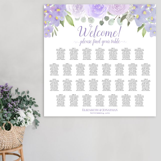 30 Table Lavender Floral Wedding Seating Chart (In Situ on Wall)