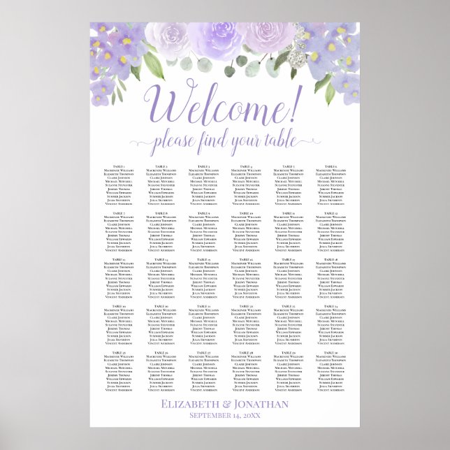30 Table Lavender Floral Wedding Seating Chart (Front)