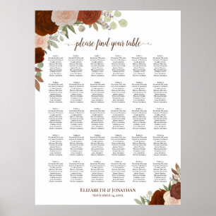 30 Table Rustic Fall Roses Wedding Seating Chart