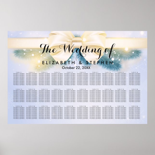 30+ Tables Blue Gold Ribbon Wedding Seating Chart (Front)
