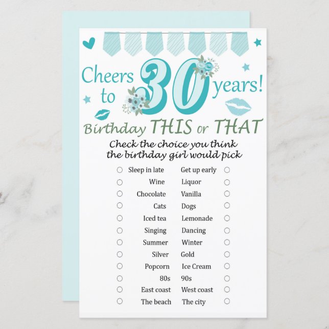 30 th Birthday This or That Game (Front/Back)