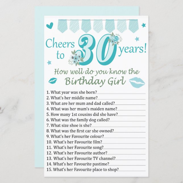 30 th How well do you know the birthday girl (Front/Back)