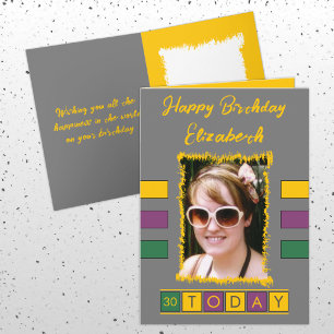 30 today add photo and name grey yellow birthday card