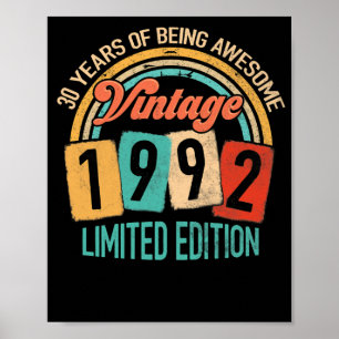 30 Years Old Of Be Awesome In 1992 30th Birthday Poster