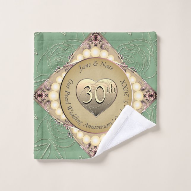 30th/12th Pearl & Green Wedding Anniversary  Bath Towel Set (Wash Cloth)