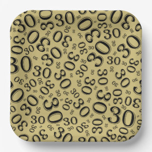 30th Age Random Number Pattern Black/Gold Paper Plate