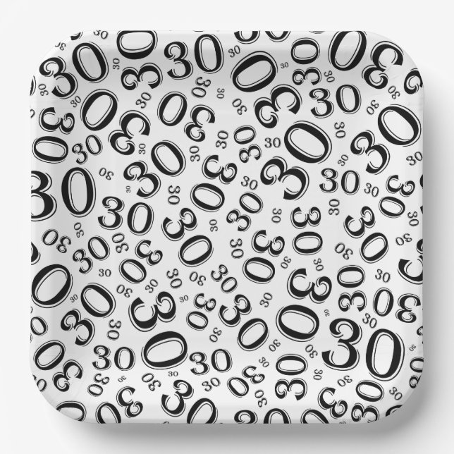30th Age Random Number Pattern Black/White Paper Plate (Front)