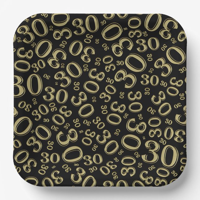 30th Age Random Number Pattern Gold/Black  Paper Plate (Front)