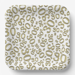 30th Age Random Number Pattern White/Gold Paper Plate