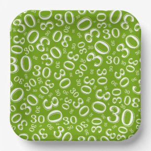 30th Age Random Number Pattern White/Green Paper Plate