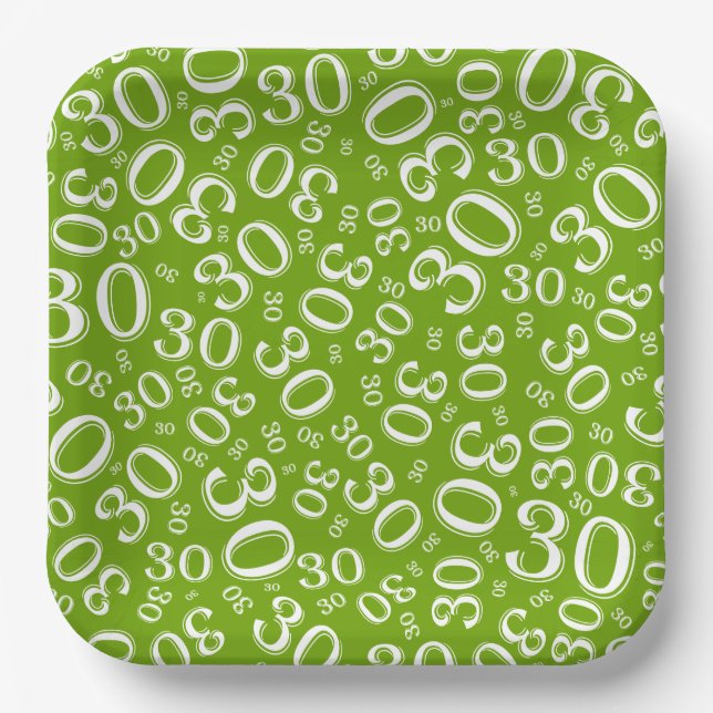 30th Age Random Number Pattern White/Green  Paper Plate (Front)