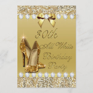 30th All White Birthday Gold Heels Sequin Diamonds Invitation