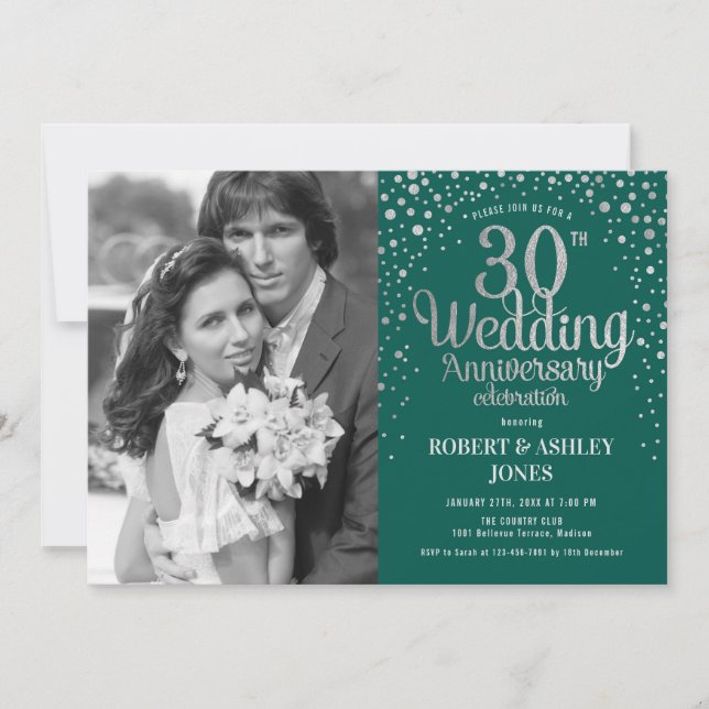 30th Anniversary - Emerald Green Silver Photo Invitation (Front)