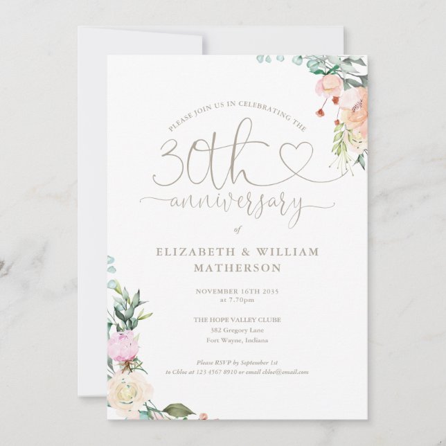 30th Anniversary Heart Script Floral Monogram Invitation (Front)