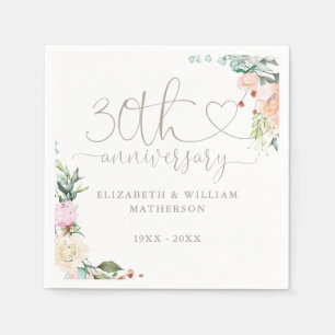 30th Anniversary Heart Script Roses Floral Napkin
