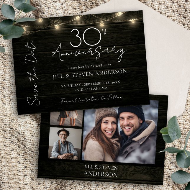 30th Anniversary Party Rustic Wood Lights Save The Date (Creator Uploaded)