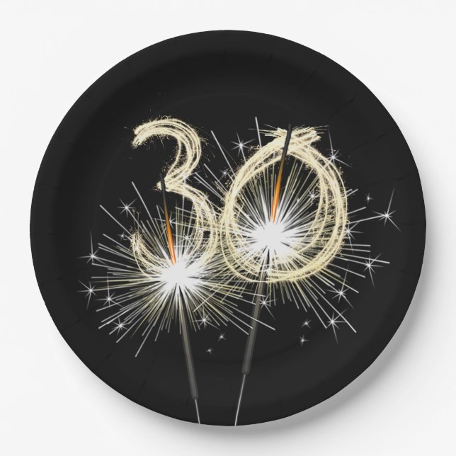 30th Anniversary Party Sparklers on Black  Paper Plate (Front)