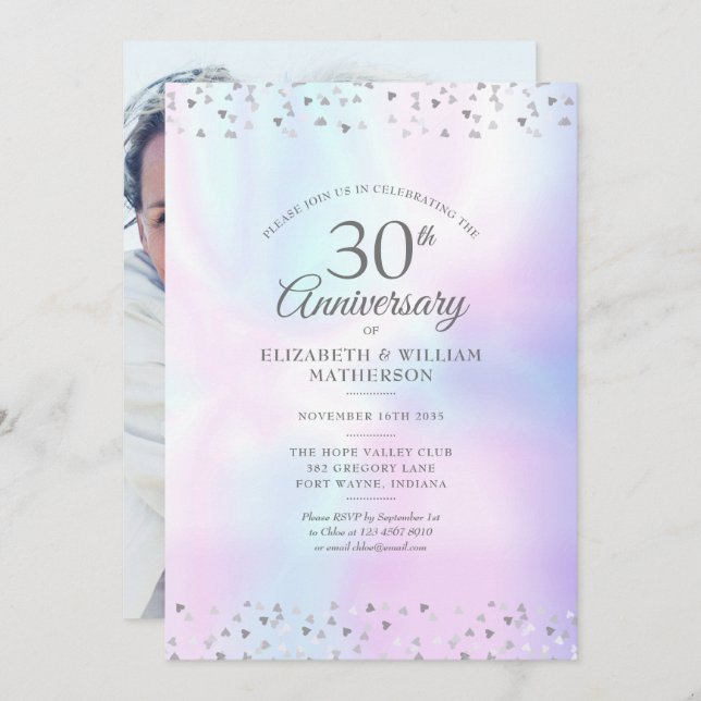 30th Anniversary Photo Pearl Hearts Confetti Invitation (Front/Back)