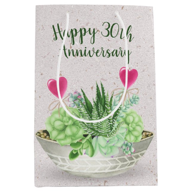 30th Anniversary Pink Hearts in Succulents Medium Gift Bag (Front)