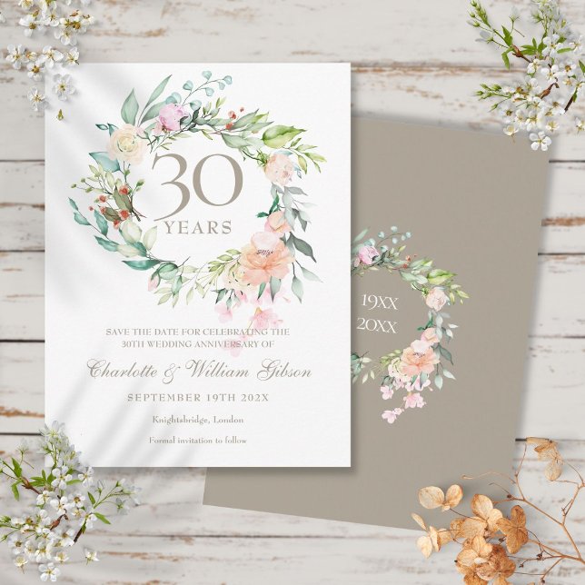 30th Anniversary Save the Date Roses Garland  Postcard (30th Anniversary Save the Date Roses Garland Postcard)