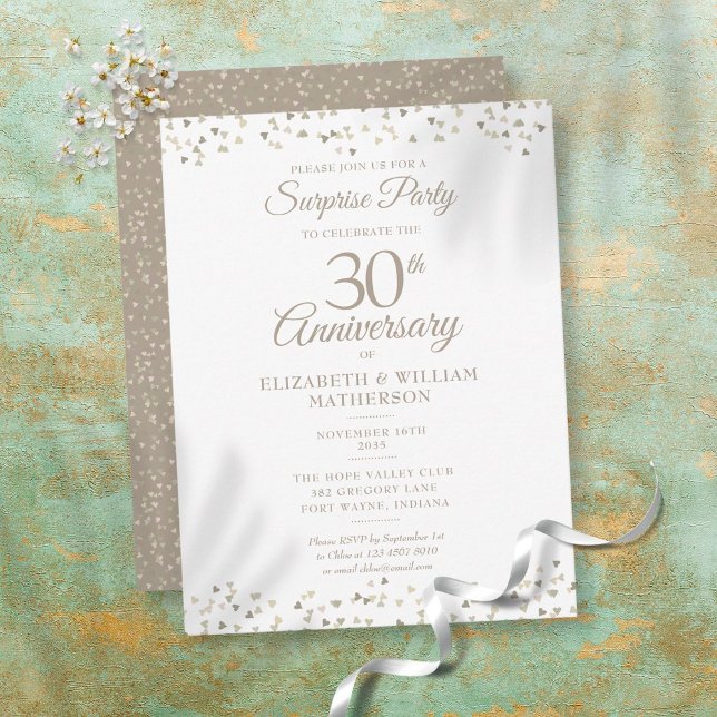 30th Anniversary Surprise Party Hearts Confetti Postcard (Creator Uploaded)