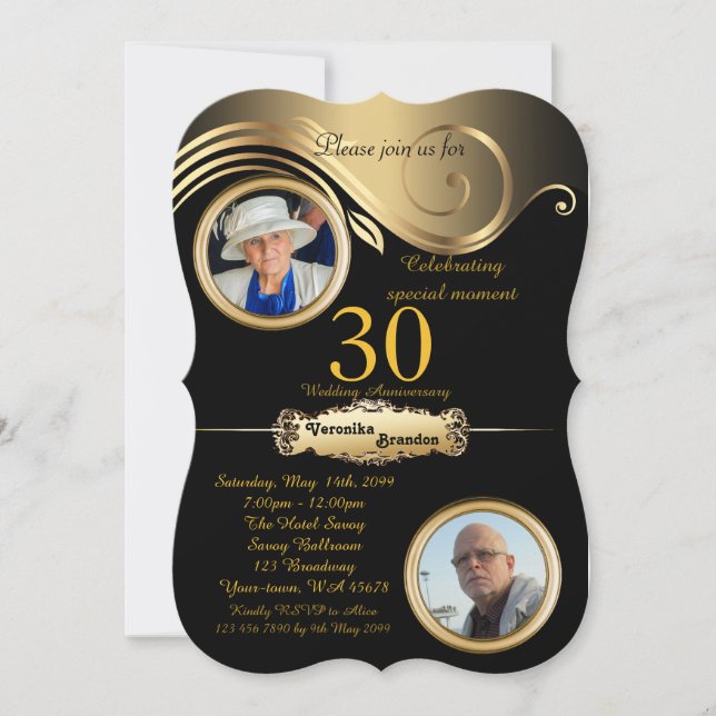 30th,Anniversary Wedding, art deco, black gold Invitation (Front)