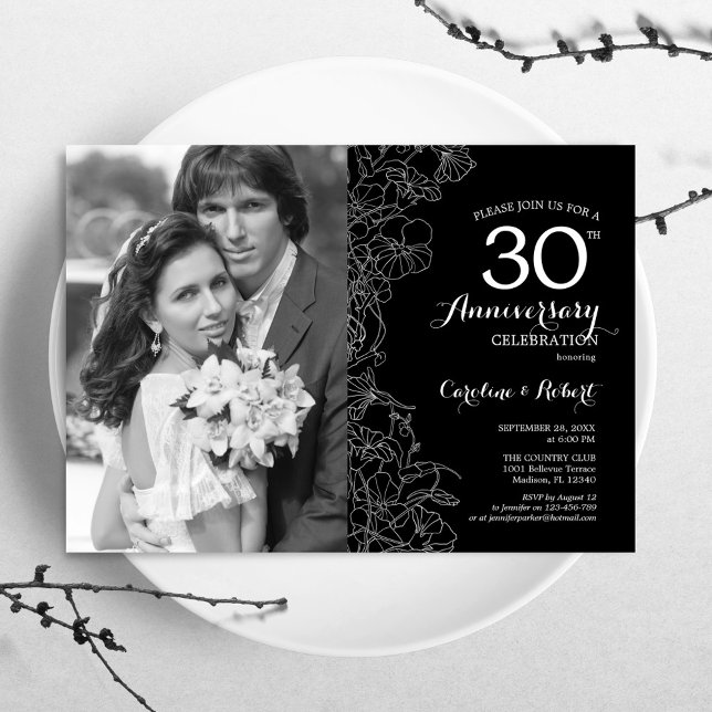 30th Anniversary With Photo - Black White Floral Invitation (Creator Uploaded)