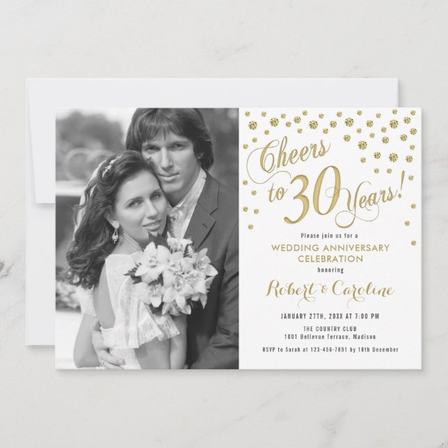 30th Anniversary with Photo - Gold White Invitation (Front)
