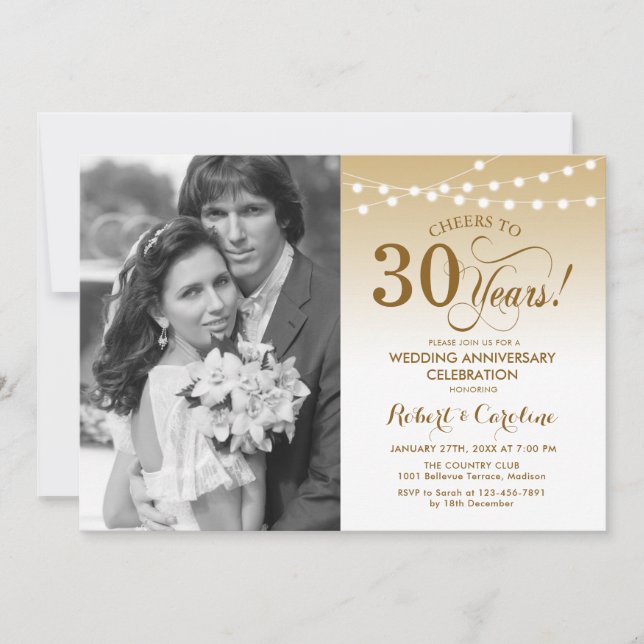 30th Anniversary with Photo - Gold White Invitation (Front)