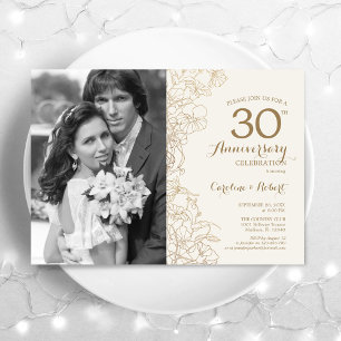 30th Anniversary With Photo - Ivory Gold Floral Invitation