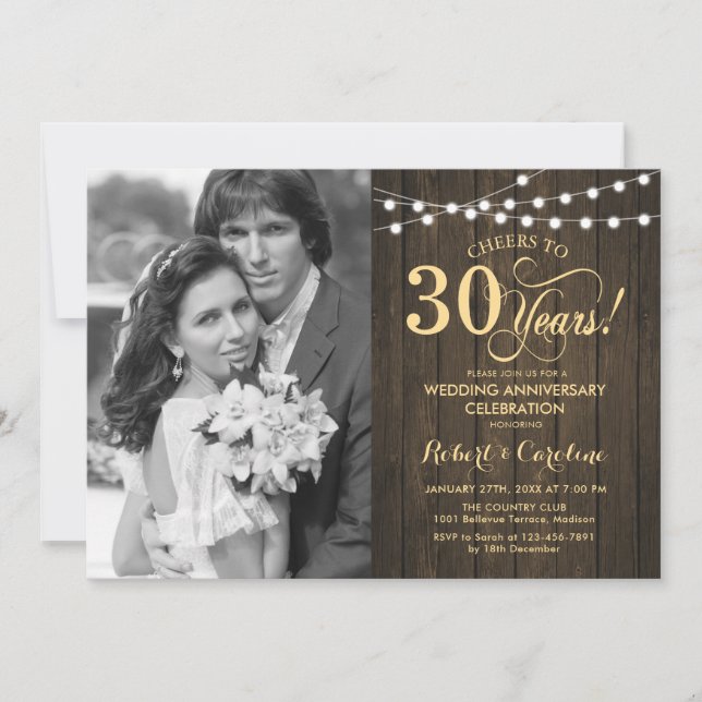 30th Anniversary with Photo - Rustic Wood Gold Invitation (Front)