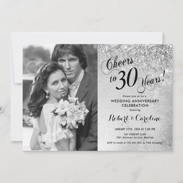 30th Anniversary with Photo - Silver Invitation (Front)
