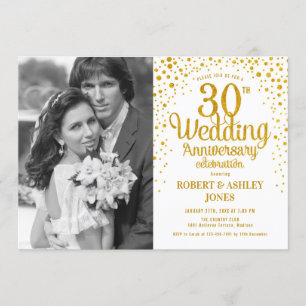 30th Anniversary with Photo - White Gold Invitation