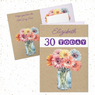 30th any age gerberas flowers purple birthday card