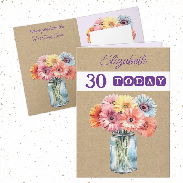 30th any age gerberas flowers purple birthday card (Creator Uploaded)