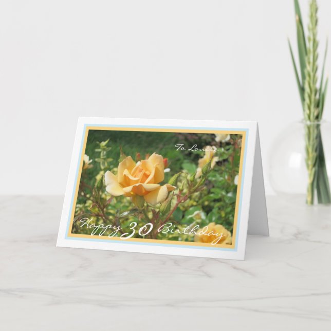 30th Bday Louise Yellow Rose Golden Blue Frame Card (Front)