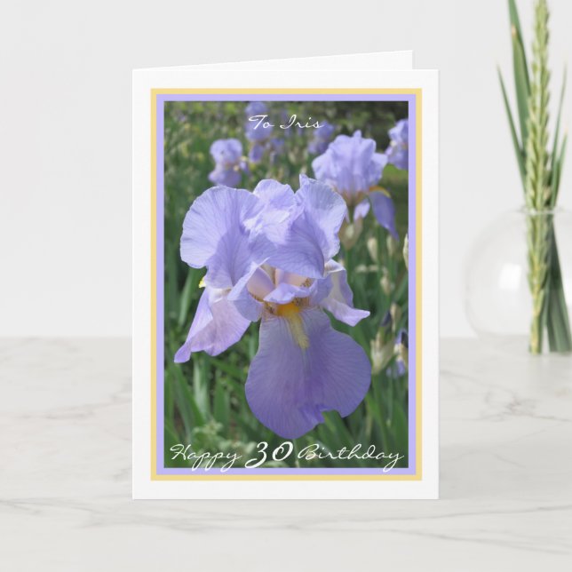 30th Bday Purple Iris Personalised Name Gold Frame Card (Front)