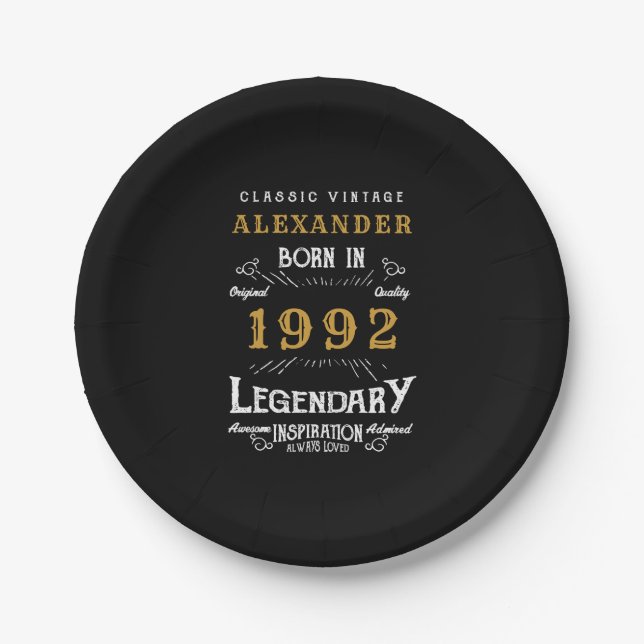30th Birthday 1992 Add Name Legendary Black Gold Paper Plate (Front)