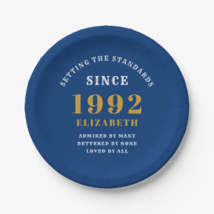 30th Birthday 1992 Elegant Chic Gold Blue Paper Plate
