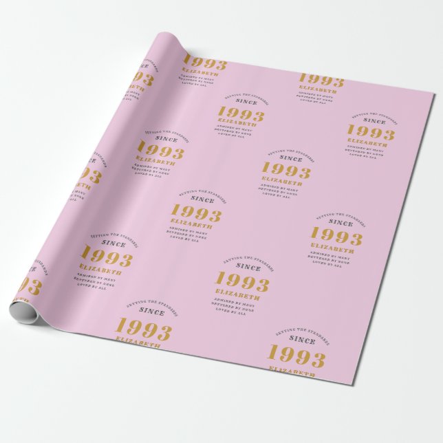 30th Birthday 1993 Add Name Pink Gray Wrapping Paper (Unrolled)