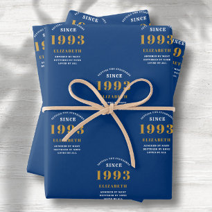 30th Birthday 1993 Blue Gold Chic Elegant Wrapping Paper Sheet