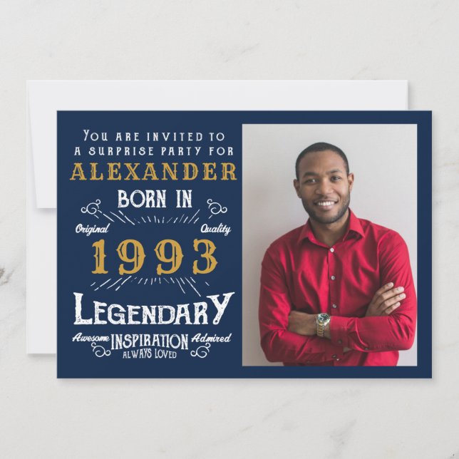 30th Birthday 1993 Legend Retro Blue Gold Invitation (Front)