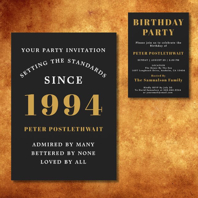 30th Birthday 1994 Black Gold Elegant Chic Invitation (Black and gold 30th birthday invitation for those born in 1994.)