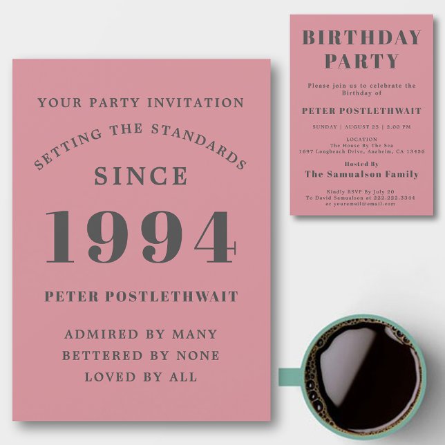 30th Birthday 1994 Pink Grey Elegant Chic Invitation (Personalized 30th birthday invitations in pink and grey for those born in 1994.)