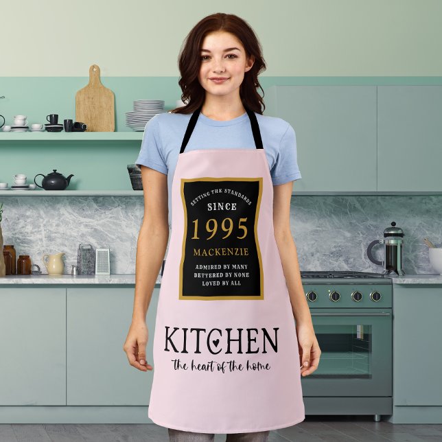 30th Birthday 1995 Pink Home Kitchen Queen Apron (Personalized 30th birthday pink apron worn by the queen of the kitchen)